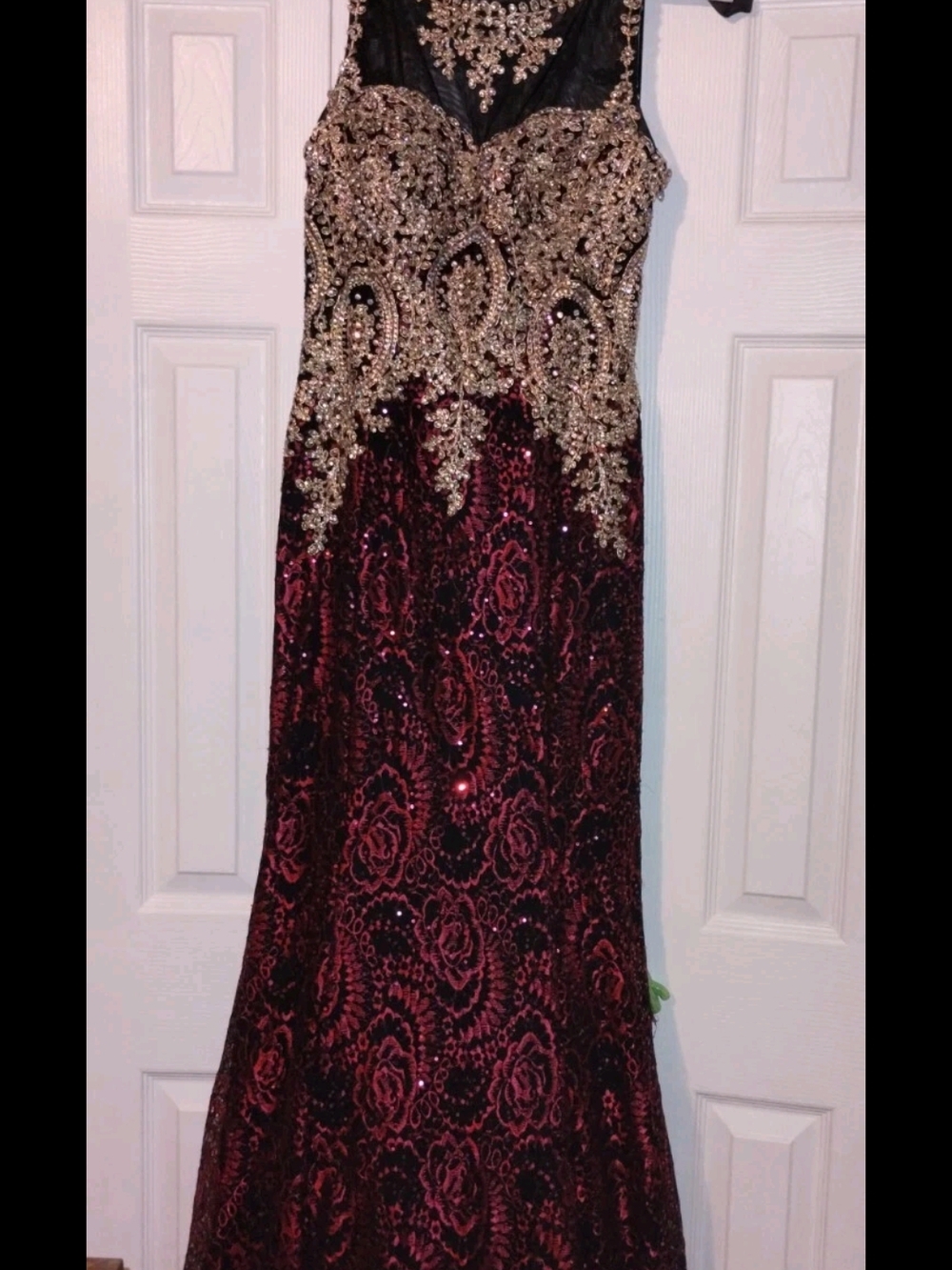 Anny Lee Black and Burgundy Sequin Embroidered Prom Gown
